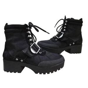 Steve Madden Women's Grady Lug-Sole Booties Black Lace Up Chunky Heels Size 9